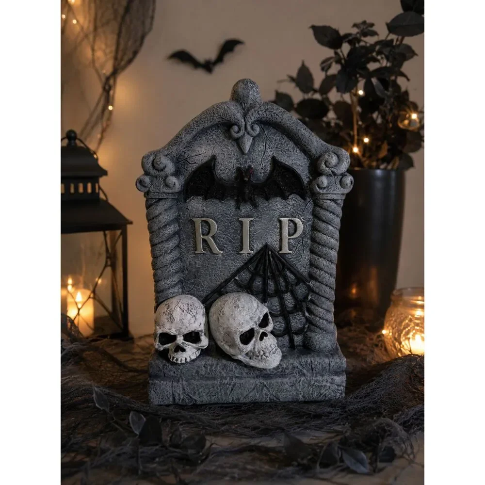 Large Halloween RIP Tombstone Decor Light-Up Skull Eyes Bat Spider Web Prop